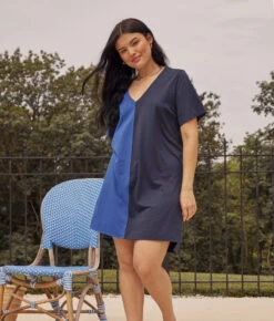 The Luxe Pima V-Neck Mini Dress - Indigo & Midnight