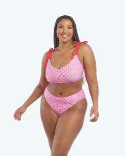 The Limited-Edition High Leg Mid Rise Bikini Bottom - Square Dot In Flamingo & Hibiscus