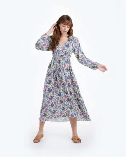 The Cinched Waist Caftan Dress - Scroll Block Print In Violet & Lava