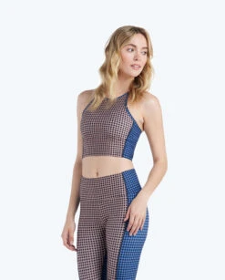 The High Neck Midi Sports Bra Tank - Gingham In Blue Mountain & Toffee