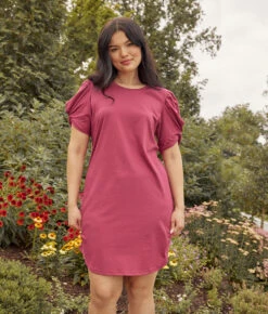 The Luxe Pima Twist-Sleeve T-Shirt Dress - Currant
