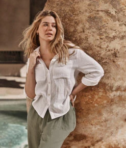 The Going Places Gauze Button-Down Camp Shirt - White Sand