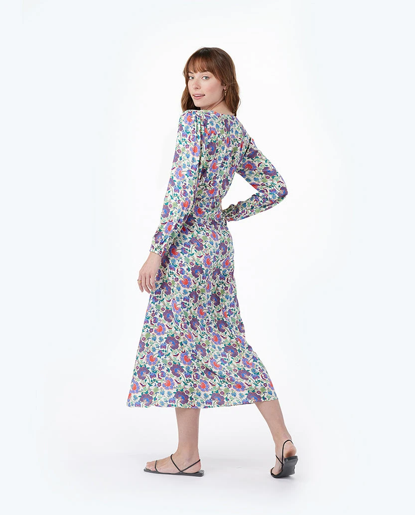 The Cinched Waist Caftan Dress - Scroll Block Print In Violet & Lava 2 The Cinched Waist Caftan Dress - Scroll Block Print In Violet & Lava - Image 2