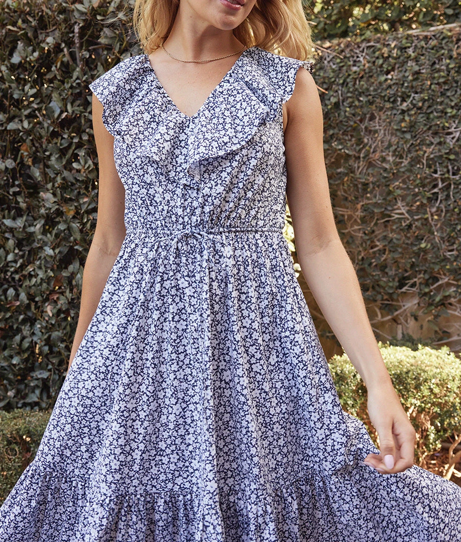 The Coastal Poplin Ruffle-Neck Midi Dress - In Bloom In Midnight 2 The Coastal Poplin Ruffle-Neck Midi Dress - In Bloom In Midnight - Image 2