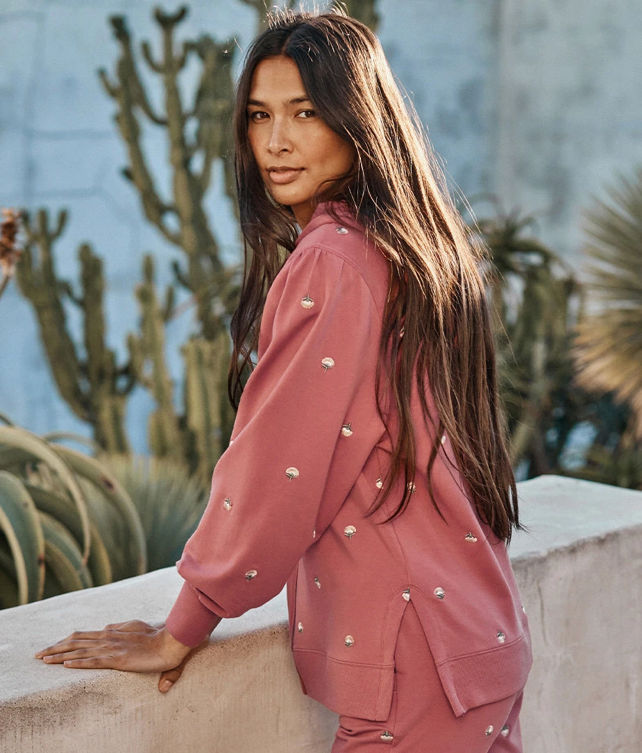 The Softest French Terry Puff-Sleeve Hoodie - Faded Rose Floral Stitch 2 The Softest French Terry Puff-Sleeve Hoodie - Faded Rose Floral Stitch - Image 2