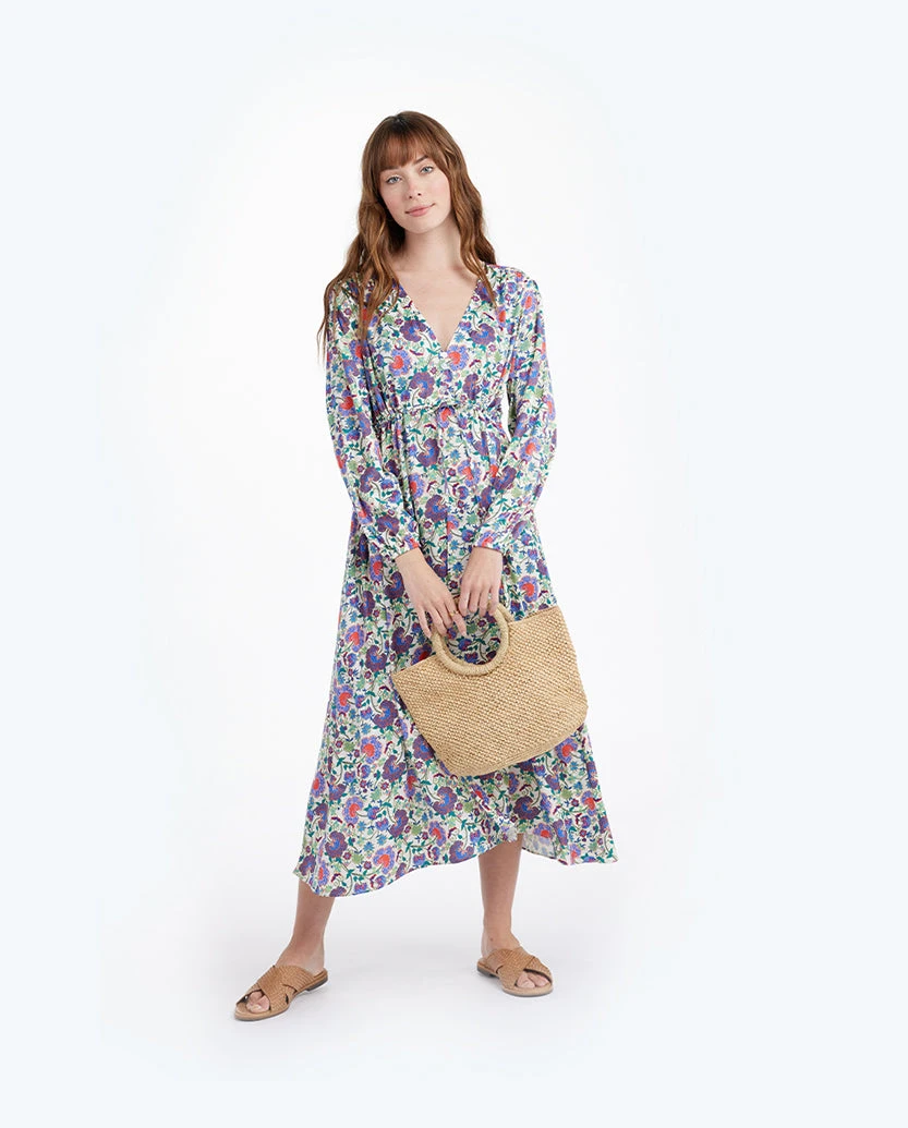 The Cinched Waist Caftan Dress - Scroll Block Print In Violet & Lava 3 The Cinched Waist Caftan Dress - Scroll Block Print In Violet & Lava - Image 3