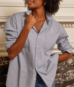 The Perfect Boyfriend Shirt - Pinstripe In Admiral & Midnight -Deals US Tropic Bikini Store 3 ModelFullBody 650e5f27 2e1a 4a97 98ec 1e7db2639264