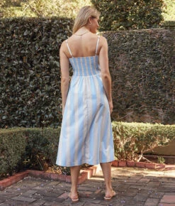 The Coastal Poplin Tie-Waist Midi Dress - Cabana Stripe In Sand Dollar & Sky -Deals US Tropic Bikini Store 3 ModelFullBody a32682d2 b943 41d4 af6e 908c7c02c5dd
