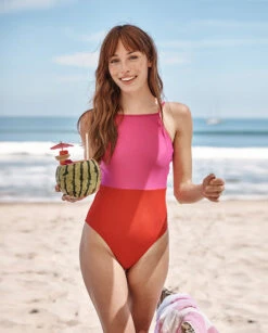 The High Neck One-Piece - Lava & Hibiscus