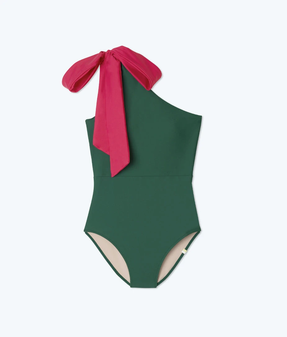 The Long Torso Bow-Shoulder Ruched Sidestroke - Olive & Spritz 2 The Long Torso Bow-Shoulder Ruched Sidestroke - Olive & Spritz - Image 2