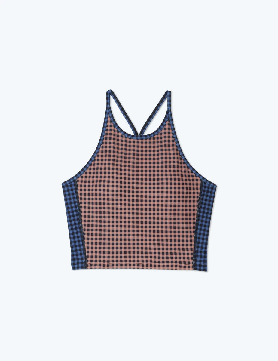 The High Neck Midi Sports Bra Tank - Gingham In Blue Mountain & Toffee 6 The High Neck Midi Sports Bra Tank - Gingham In Blue Mountain & Toffee - Image 6