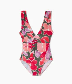 The Ruched Backflip - Watercolor Petal In Olive & Spritz 7 The Ruched Backflip - Watercolor Petal In Olive & Spritz -Deals US Tropic Bikini Store PDP Flat RuchedBackflip WatercolorPetal OliveSpritz