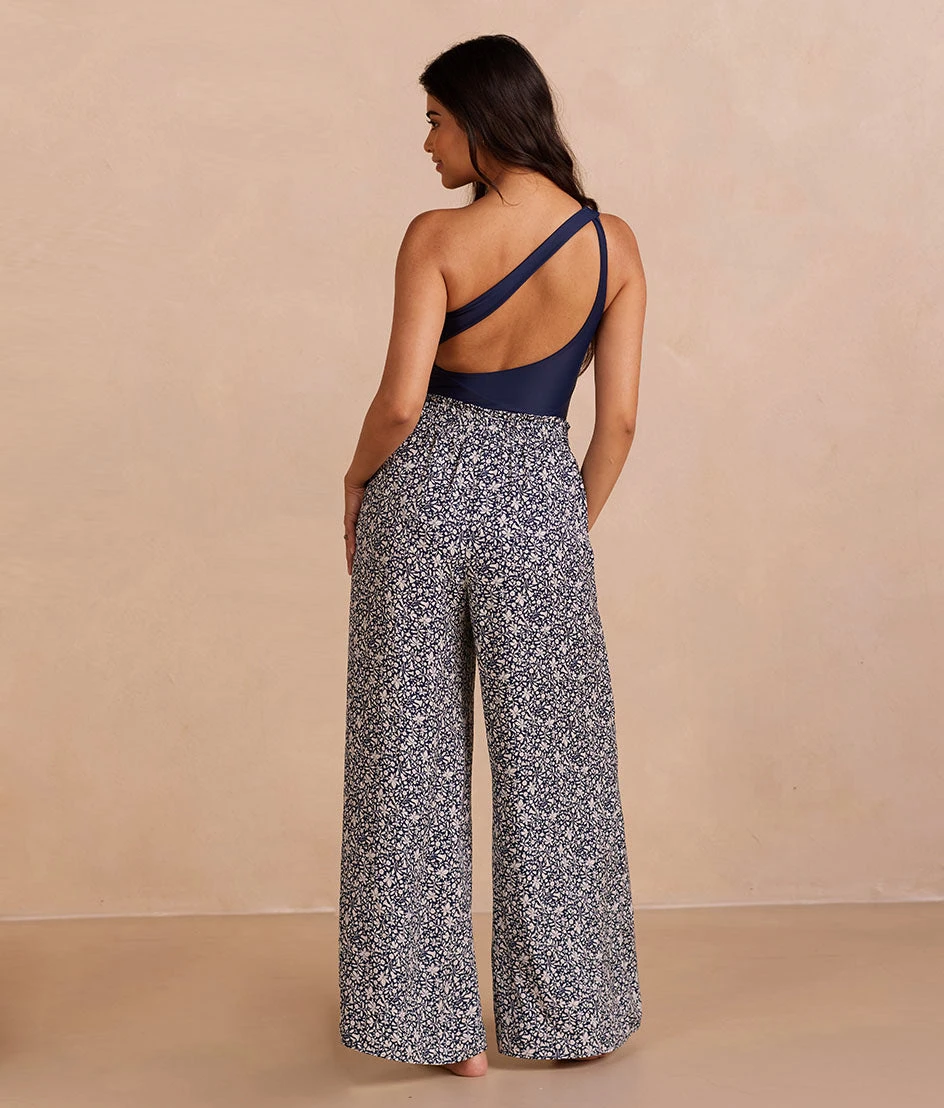 The Silky Luxe Palazzo Pants With Ties - Beach Botanical In Deep Sea 2 The Silky Luxe Palazzo Pants With Ties - Beach Botanical In Deep Sea - Image 2