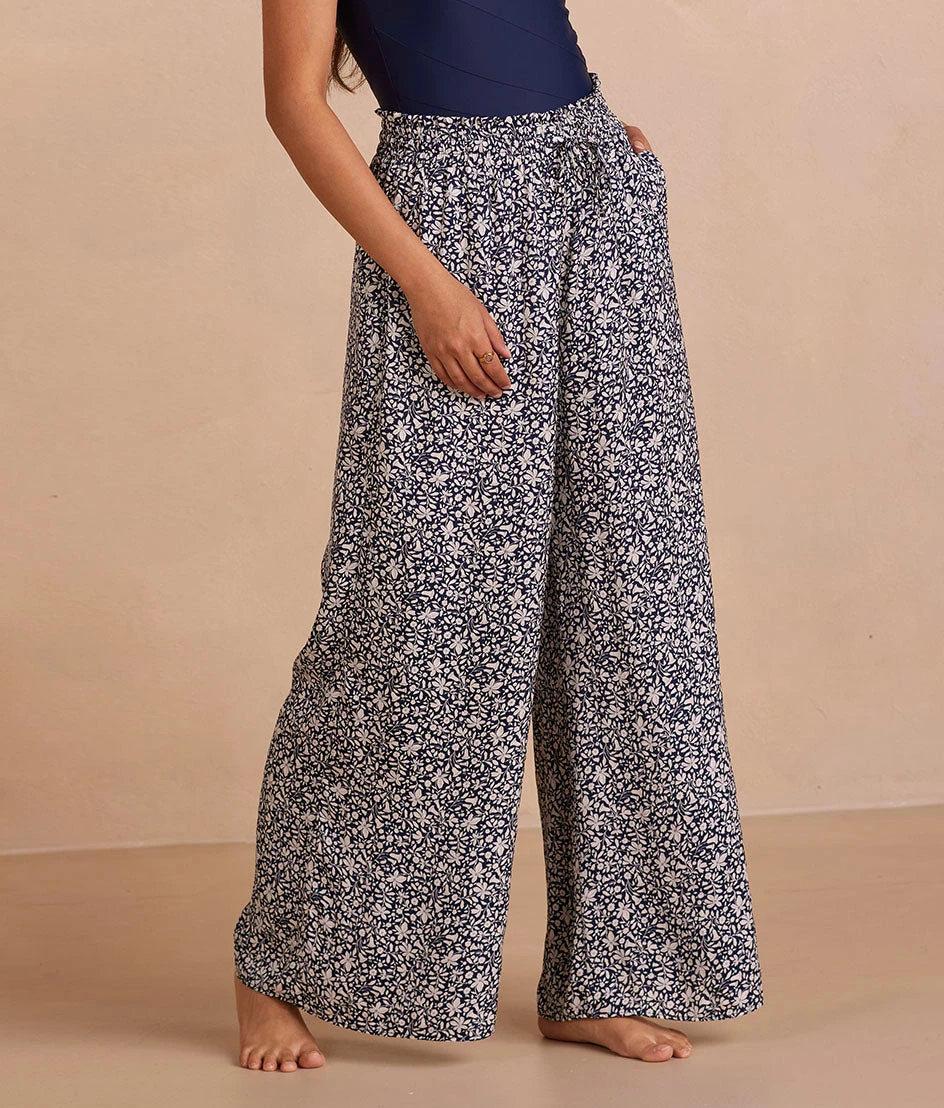The Silky Luxe Palazzo Pants With Ties - Beach Botanical In Deep Sea 4 The Silky Luxe Palazzo Pants With Ties - Beach Botanical In Deep Sea - Image 4