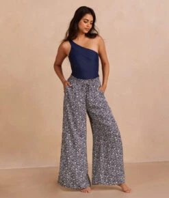 The Silky Luxe Palazzo Pants With Ties - Beach Botanical In Deep Sea 6 The Silky Luxe Palazzo Pants With Ties - Beach Botanical In Deep Sea -Deals US Tropic Bikini Store PDP Palazzo Pant Front Full 1