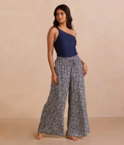 The Silky Luxe Palazzo Pants With Ties - Beach Botanical In Deep Sea