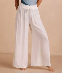The Silky Luxe Palazzo Pants With Ties - White Sand -Deals US Tropic Bikini Store PDP PalazzoPantTies Front Crop
