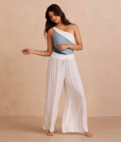 The Silky Luxe Palazzo Pants With Ties - White Sand -Deals US Tropic Bikini Store PDP PalazzoPantTies Front Full 2
