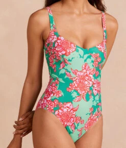 The Seascape Sweetheart One Piece - Burst Floral In Azalea And Seaglass 7 The Seascape Sweetheart One Piece - Burst Floral In Azalea And Seaglass -Deals US Tropic Bikini Store PDP SeascapeSweatheart Azaleas Seaglass Front Detail