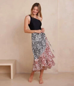 The Silky Luxe Beach To Brunch Wrap Skirt - Watercolor Dot In Sea Urchin & White Sand -Deals US Tropic Bikini Store SilkyLuxeBeachtoBrunchWrapSkirt WatercolorDotinSeaUrchin WhiteSand Front Full