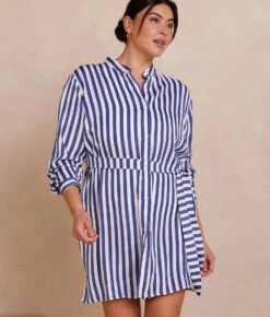 The Silky Luxe Short Effortless Shirtdress Cover-Up - Nautical Stripe In Blue Mountain -Deals US Tropic Bikini Store SilkyLuxeShortEffortlessShirtdressCover Up NauticalStripeinBlueMountain Front Crop