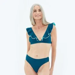 The Ruffle Plunge Bikini Top - Seaweed & Coastal -Deals US Tropic Bikini Store ruffleplungebk green front web 4 2